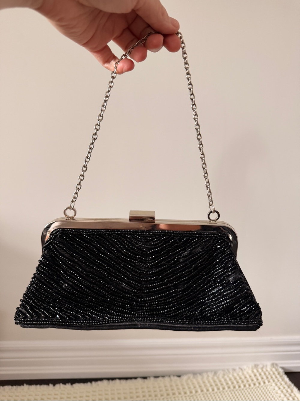Bijoux Terner Black Beaded Evening Clutch with Silver Chain